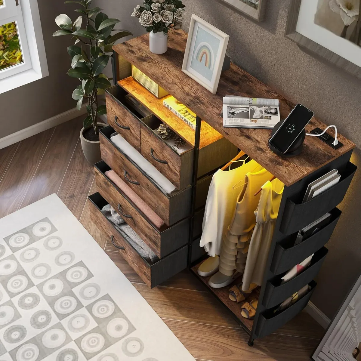 5 Drawer Dresser with Clothes Rail LED Lights - Image 2