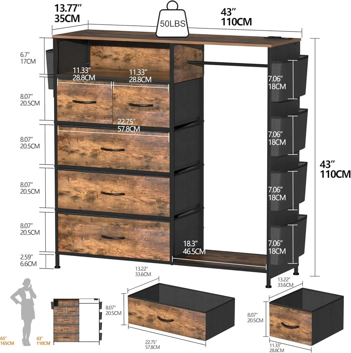 5 Drawer Dresser with Clothes Rail LED Lights - Image 3