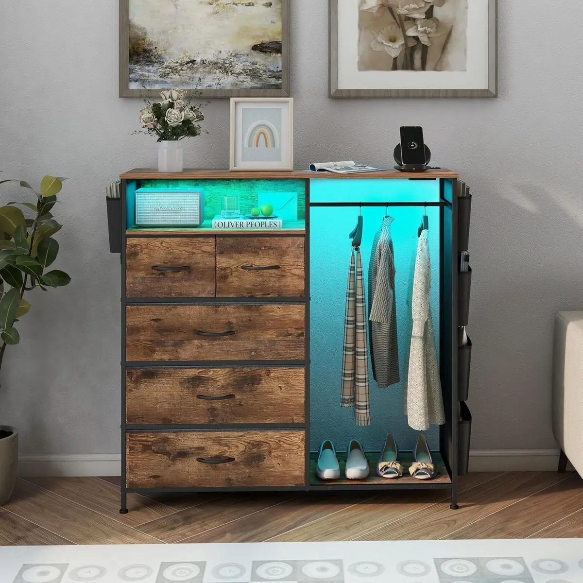 5 Drawer Dresser with Clothes Rail LED Lights - Image 4