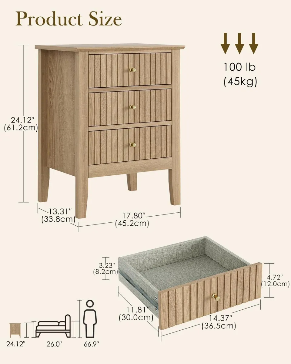 Bedside Cabinet with 3 Drawers Wooden Table - Image 2