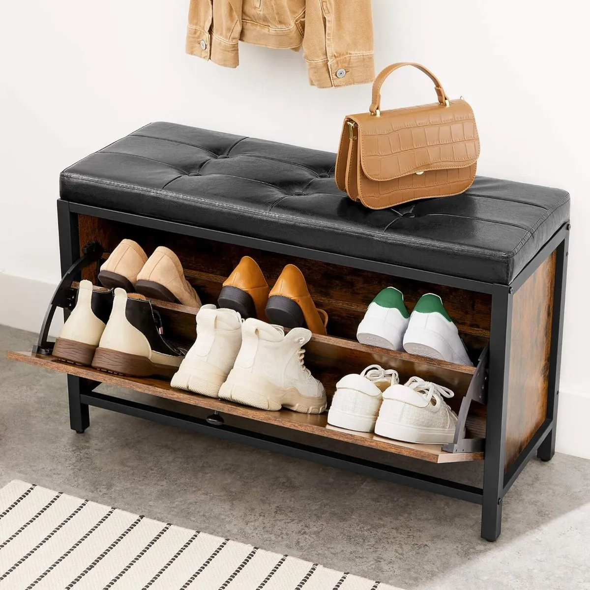 Shoe Storage Bench Padded with 2-Row Drawer for 6 - Image 2