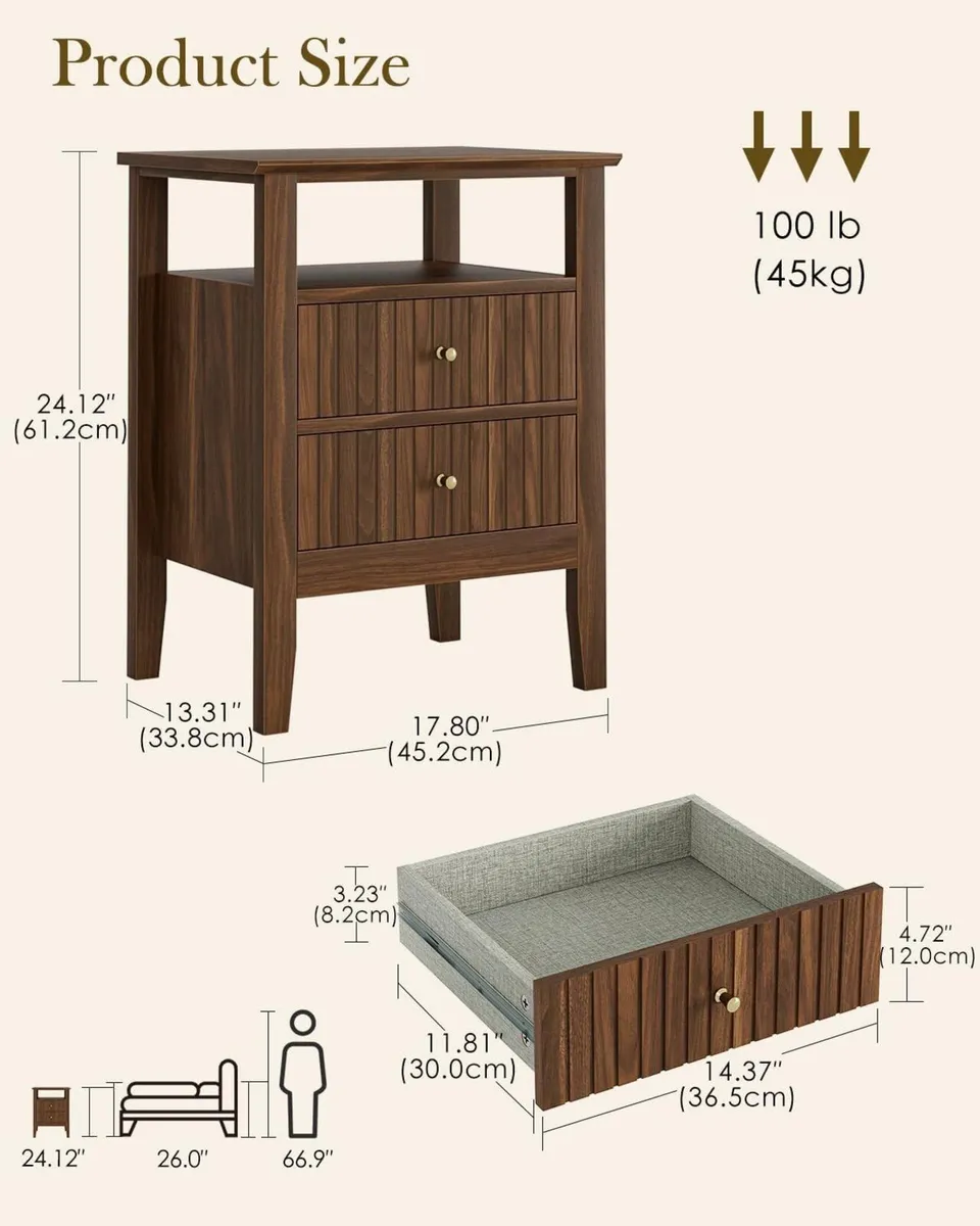 Bedside Table Chest of 2 Drawers Cabinet Wooden - Image 2