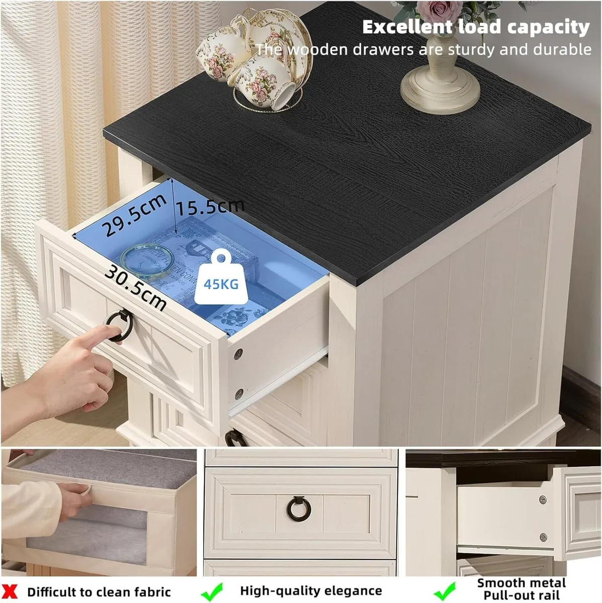 Farmhouse Nightstand 16 Inch End Table with 3 - Image 3