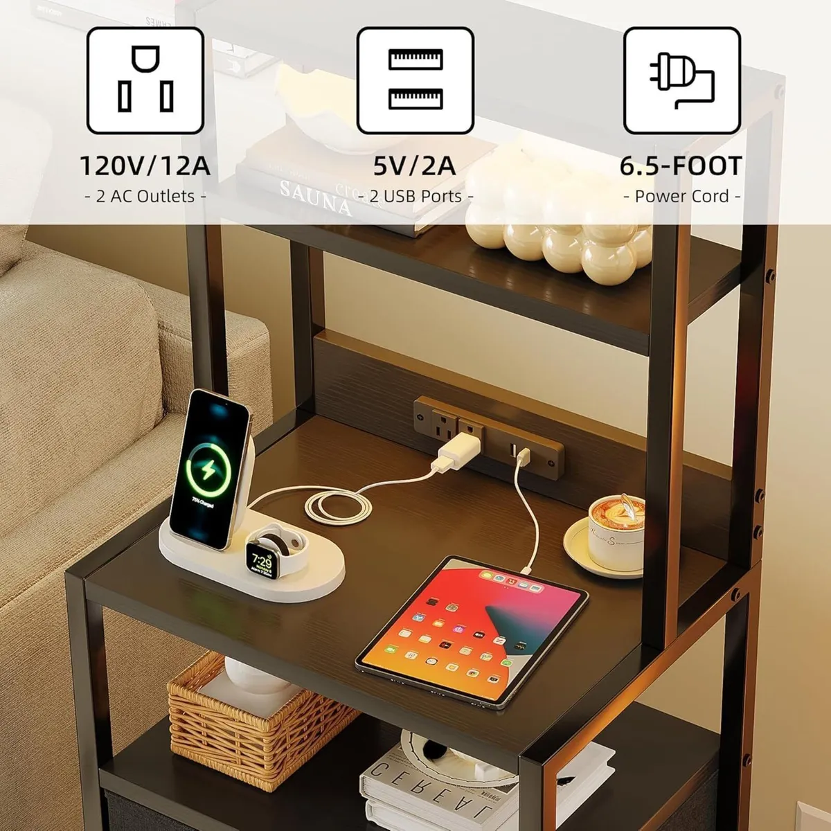 Bedside Table with Charging Station and LED light - Image 4