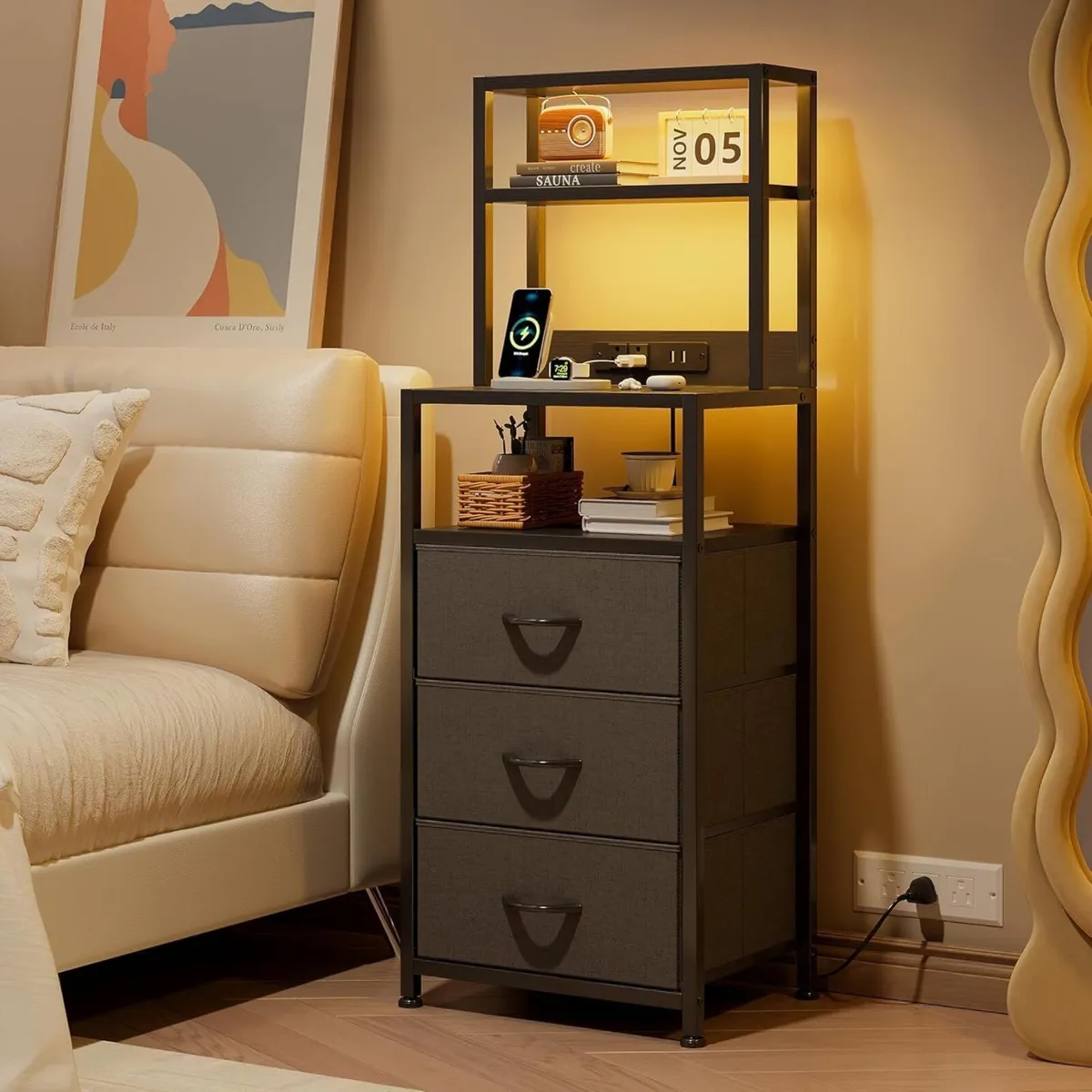 Bedside Table with Charging Station and LED light - Image 2