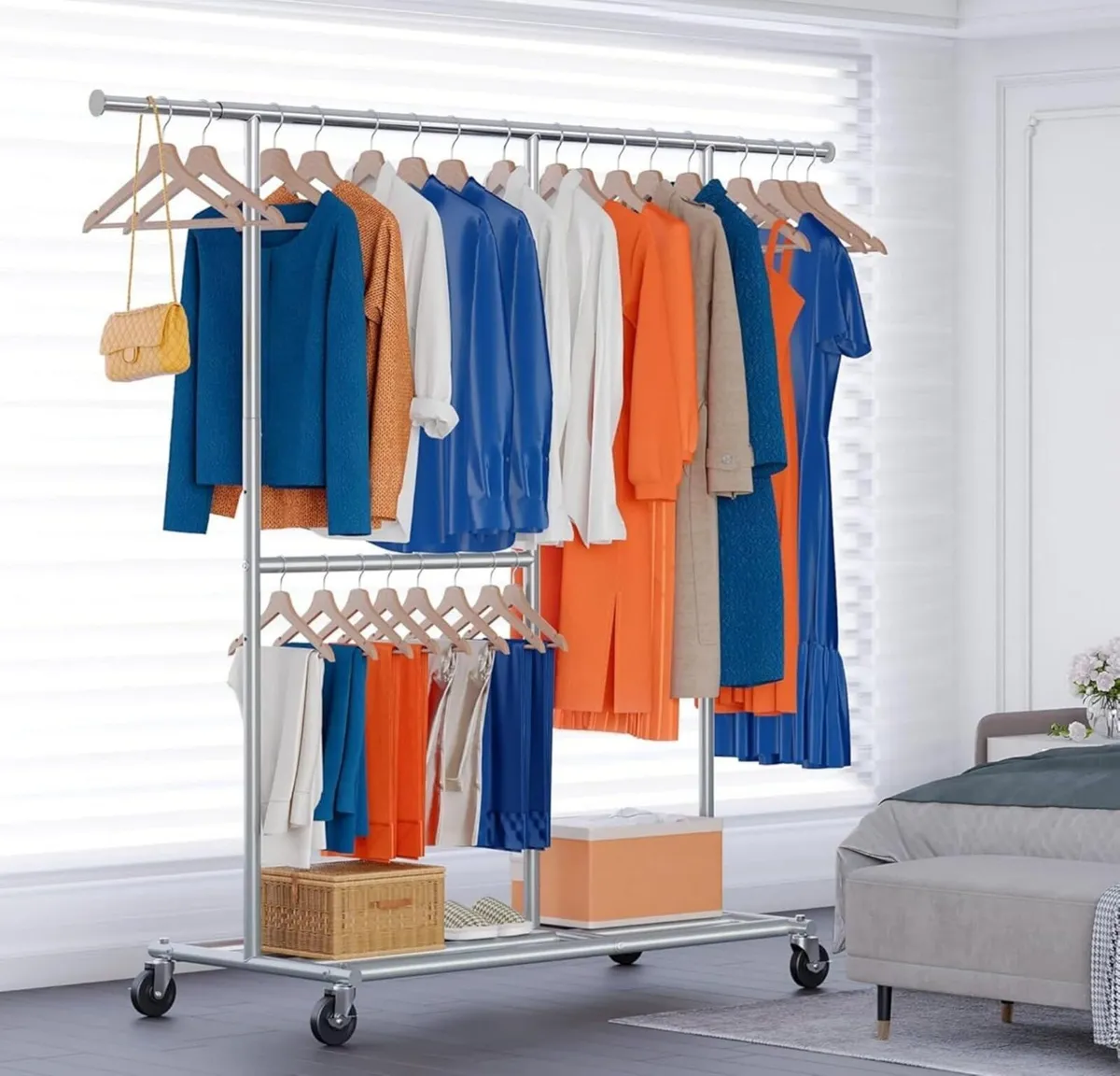 Heavy Duty Double Clothes Rail with Wheels - - Image 2