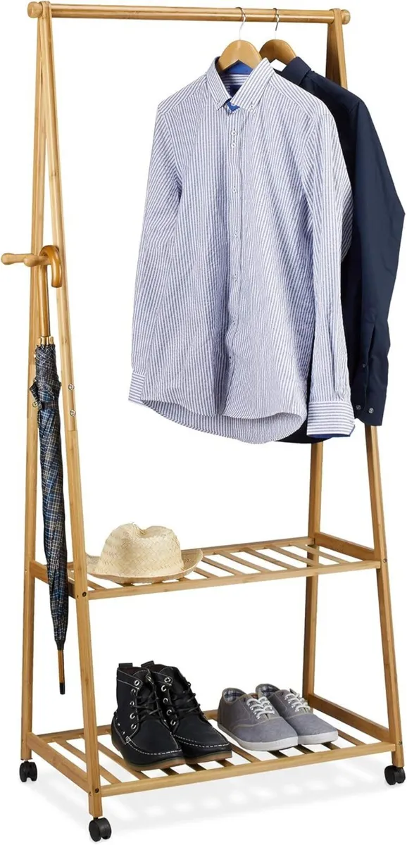 Clothes Stand on Wheels Bamboo 2 Shoe Shelves - Image 1