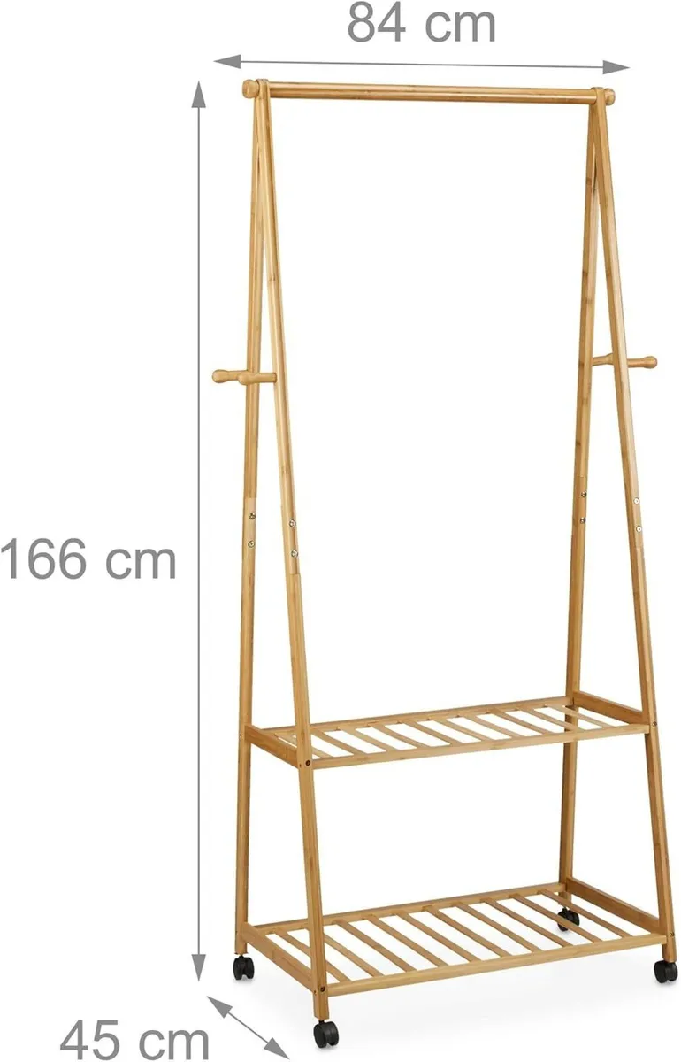 Clothes Stand on Wheels Bamboo 2 Shoe Shelves - Image 3