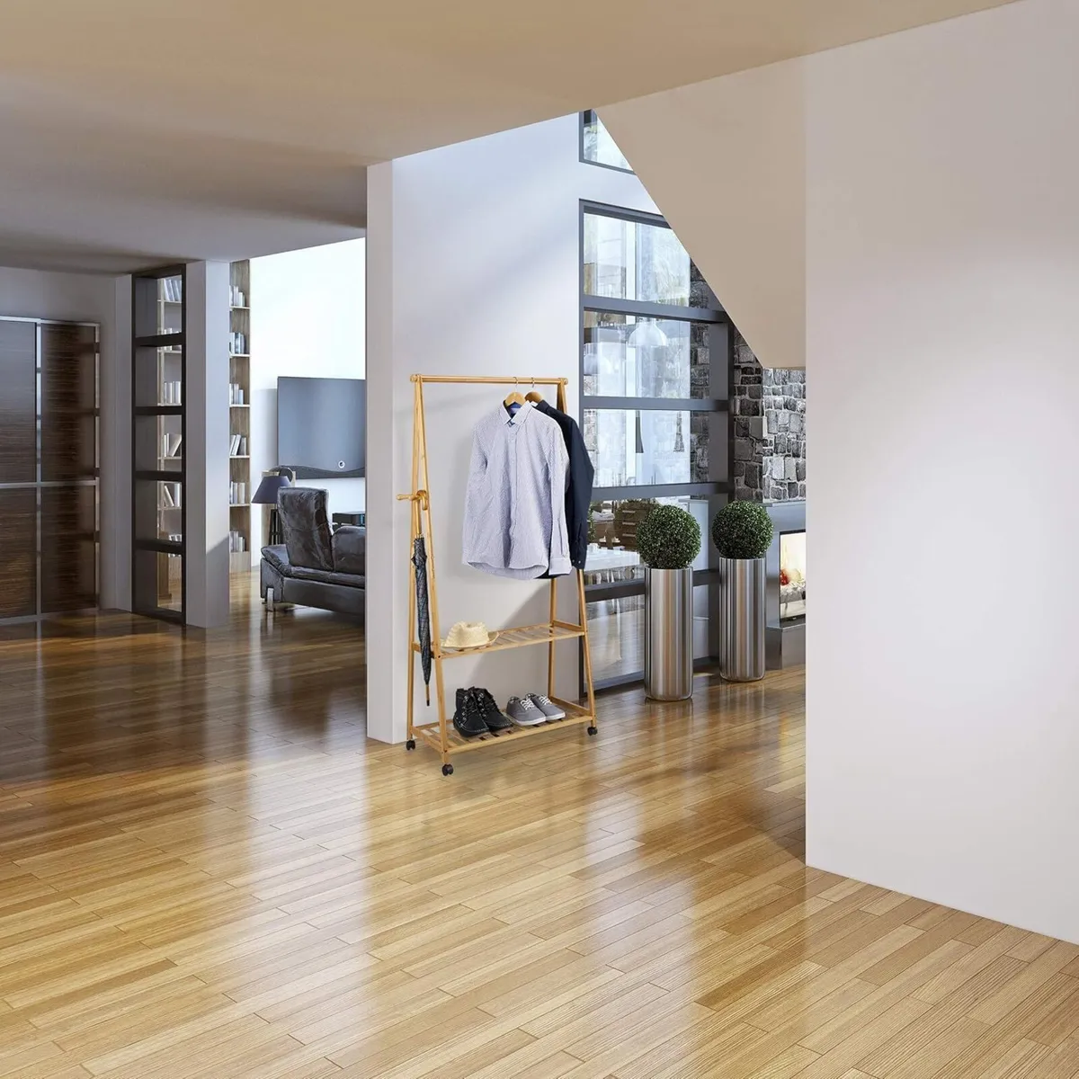 Clothes Stand on Wheels Bamboo 2 Shoe Shelves - Image 2