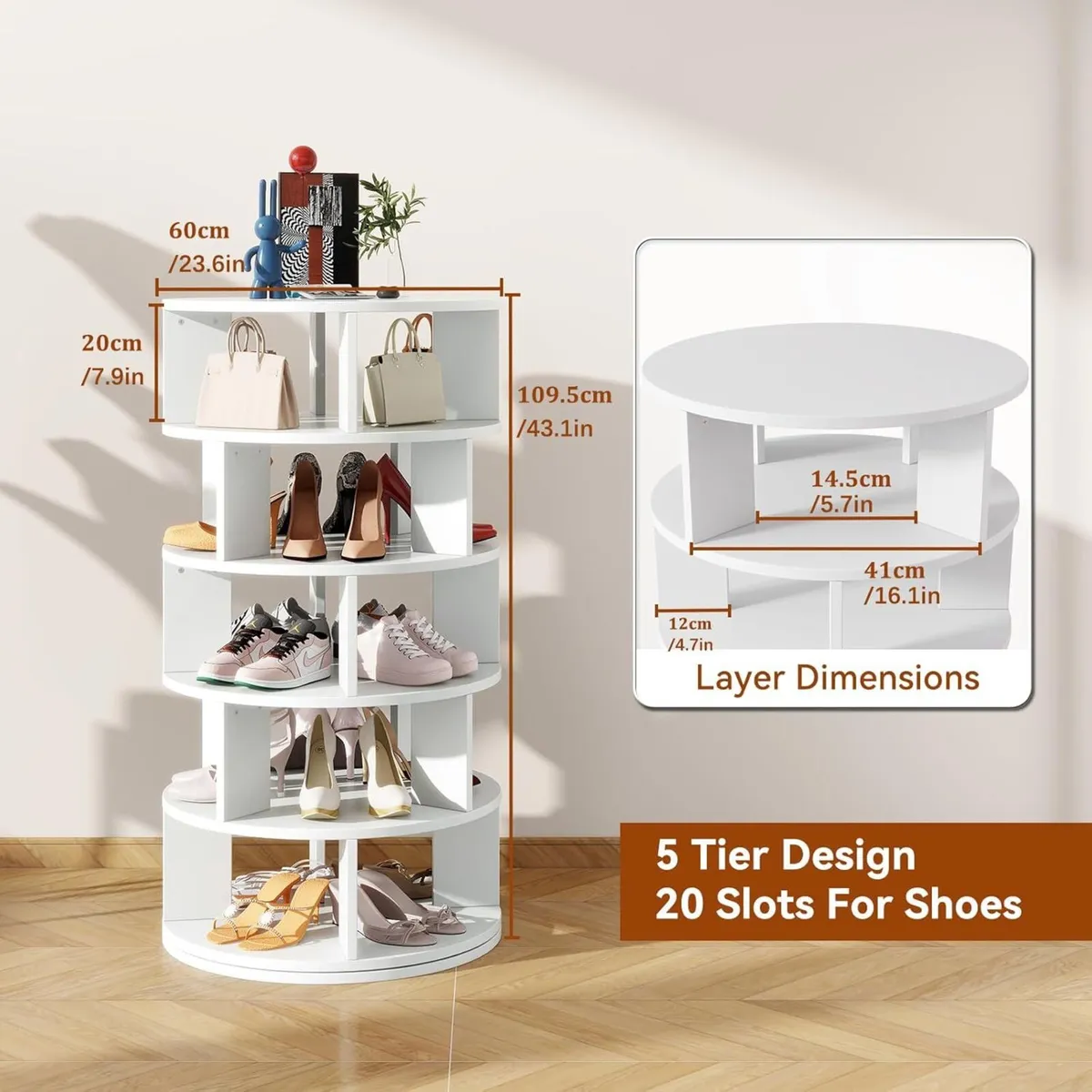 5 Tier Rotating Shoe Rack Wood 360degreesSpinning - Image 3