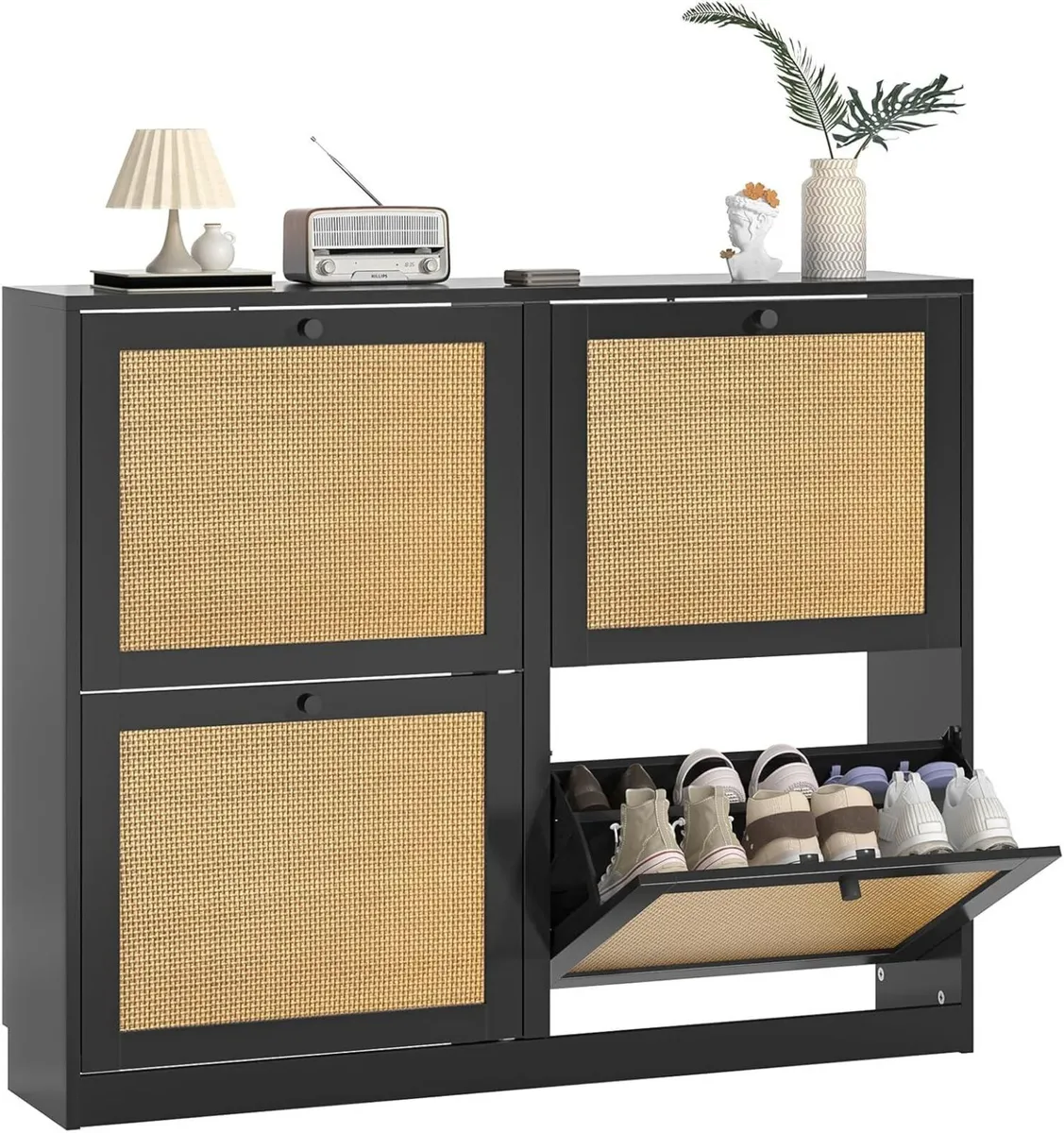 Rattan Shoe Cabinet with 4 Flip Drawers Freestandi - Image 1