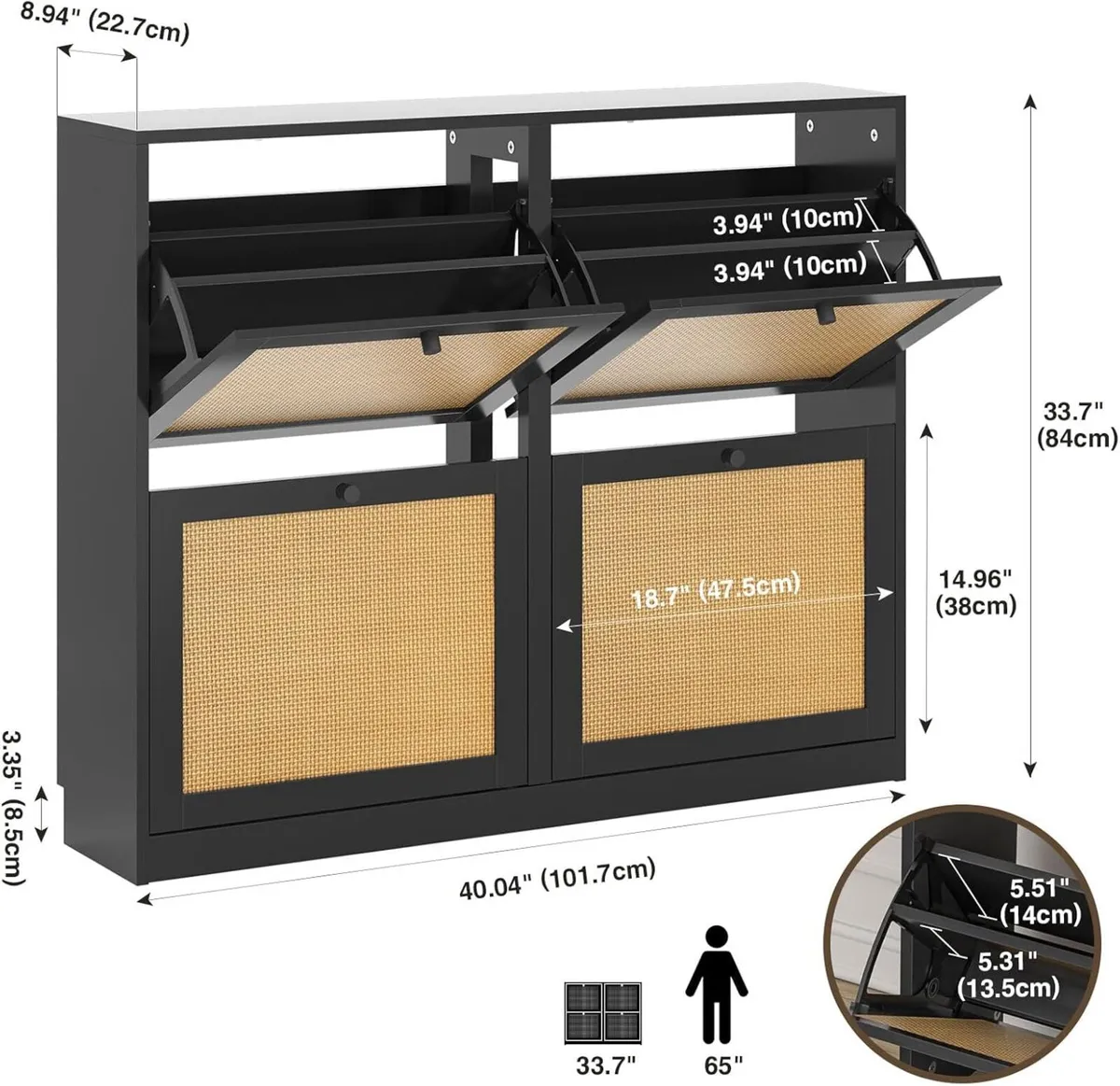 Rattan Shoe Cabinet with 4 Flip Drawers Freestandi - Image 3