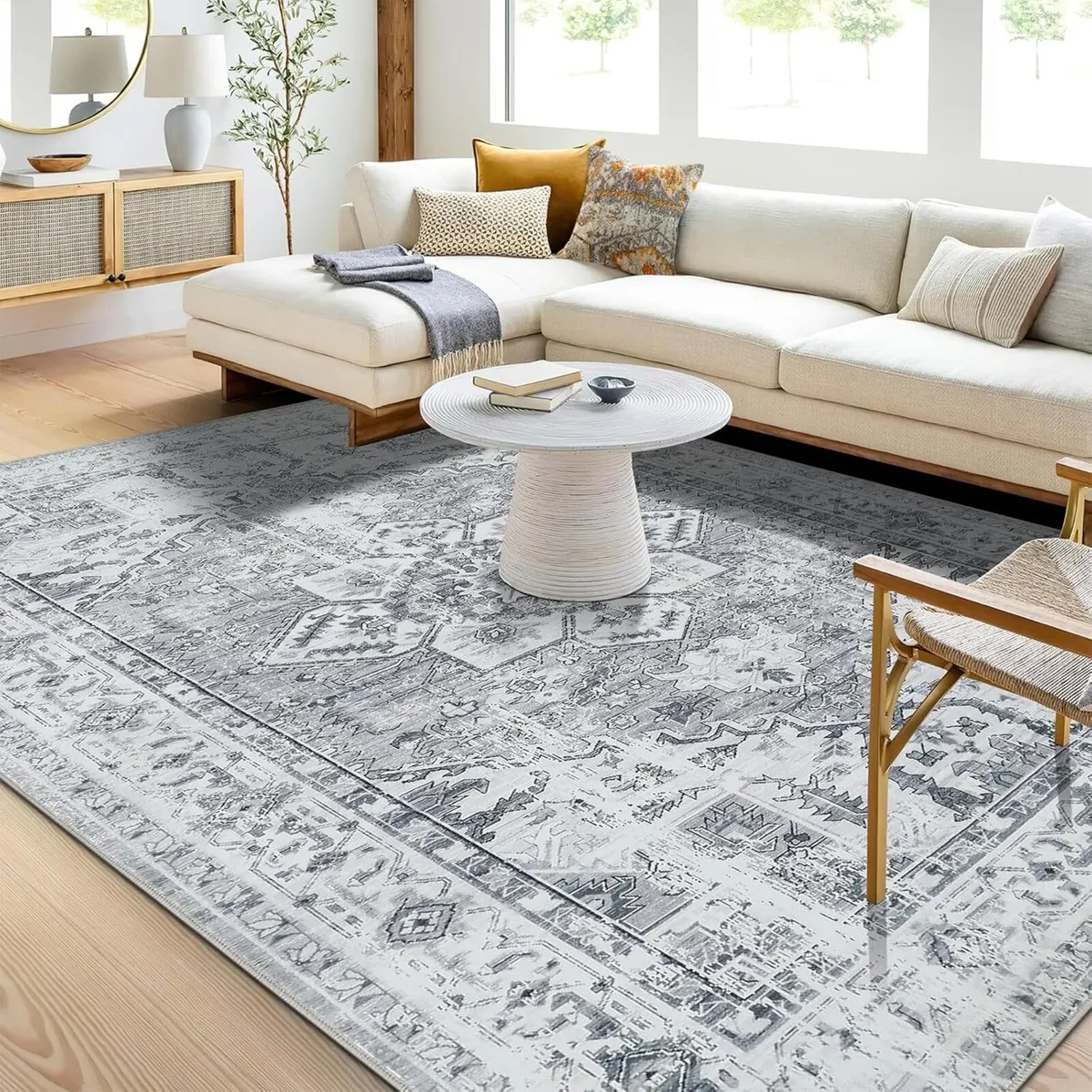 Washable Rugs Living Room Area Grey Vintage Boho - Image 2