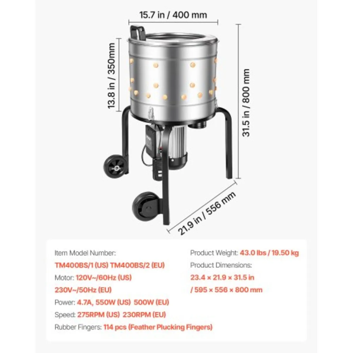 Chicken Plucker Machine, 400mm Drum, 500W & 230RPM - Image 2