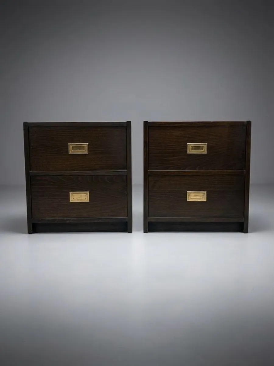 Pair of 1970s Campaign Style Bedside Cabinets with Brass Pulls - Image 1