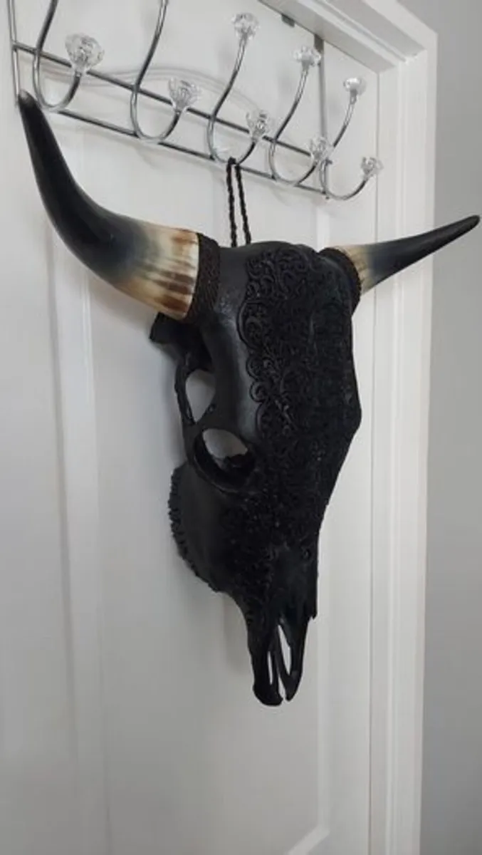 Carved Black Bull Skull - Image 2