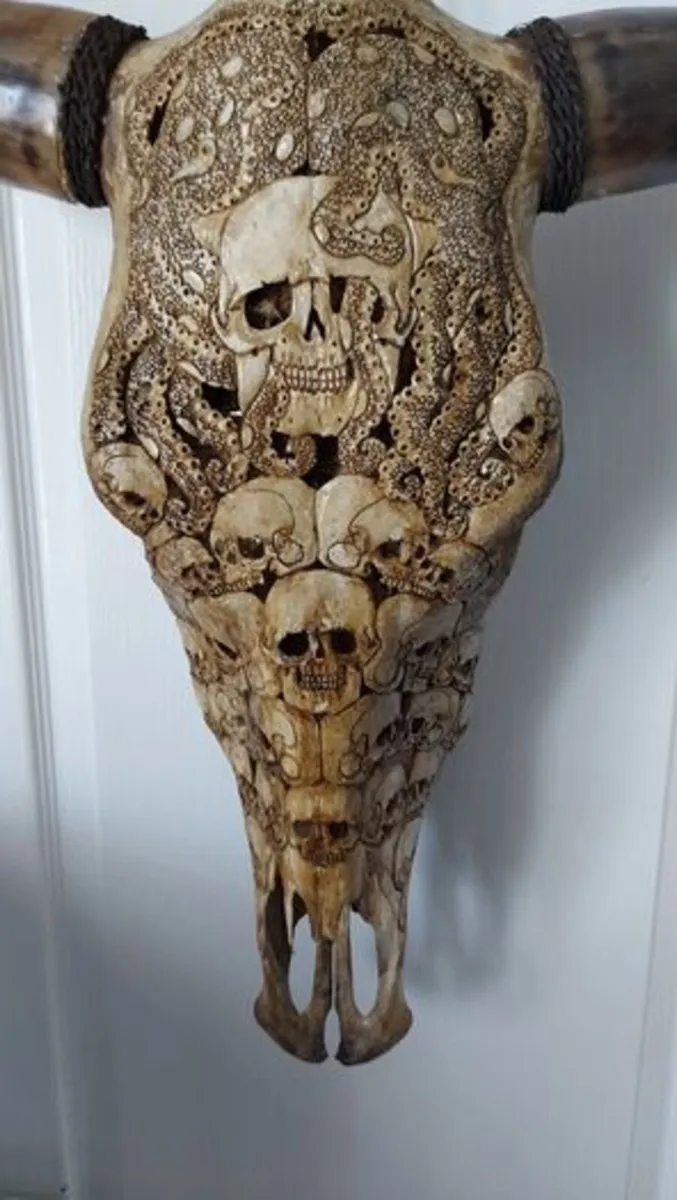 Carved Brown Bull Skull - Image 4