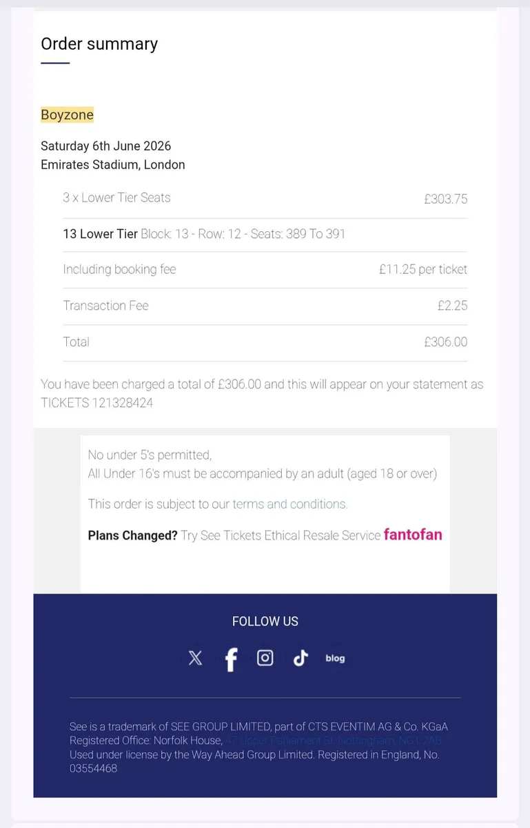 Boyzone Tickets Saturday 6th June