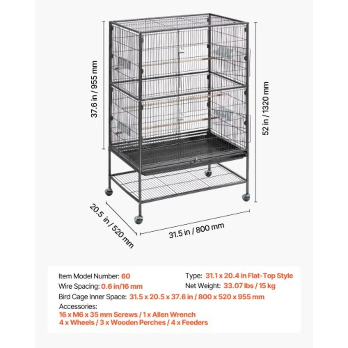 Bird Cage, 800 x 520 x 1320mm, Flat Top, Wrought I - Image 3