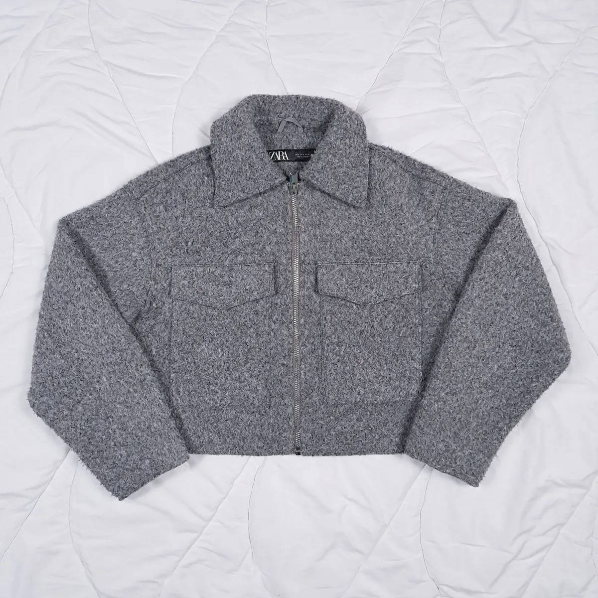 Zara Grey Textured Cropped Zip Up Jacket Size S - Image 2