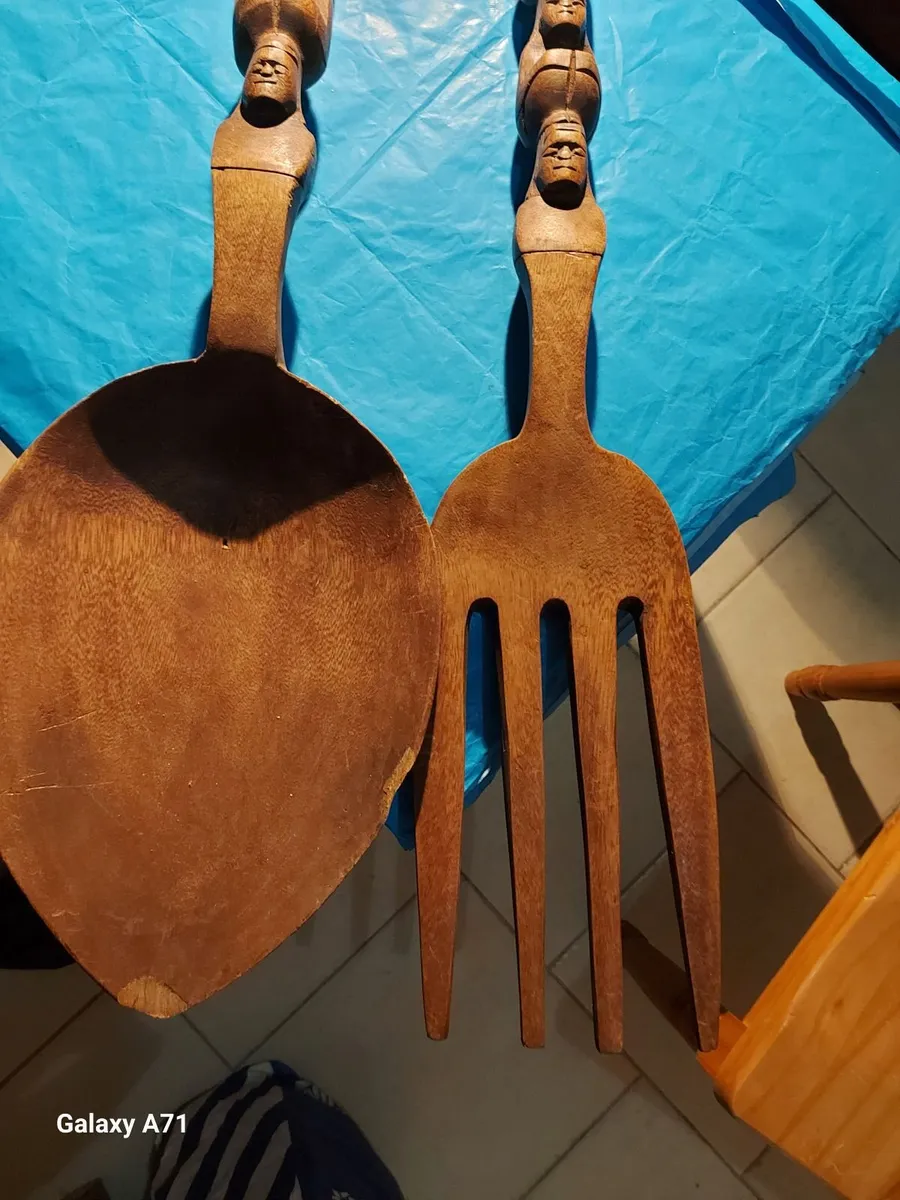 Large Carved Wooden Fork and Spoon, Props - Image 1