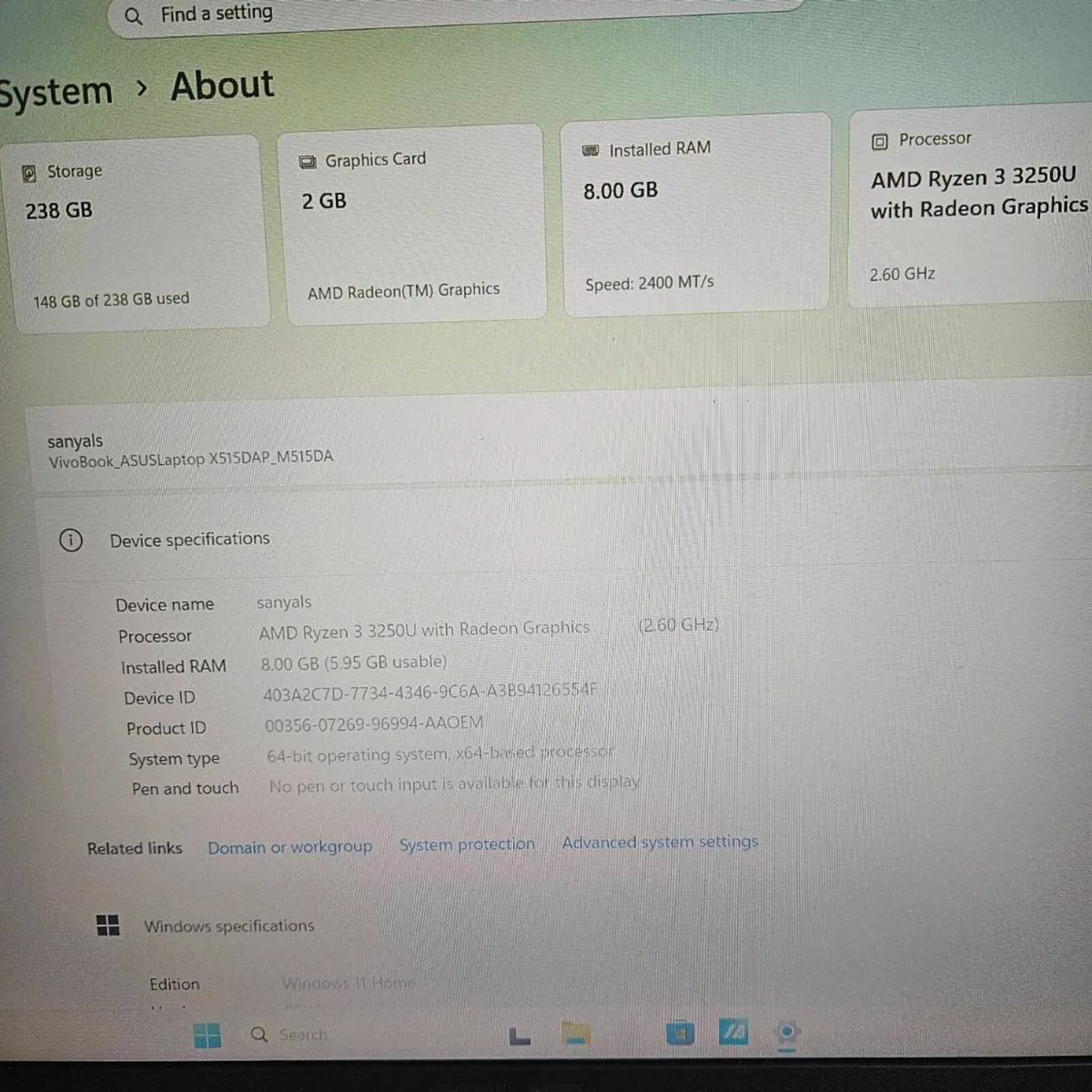 Asus M515D 8GB Ram 238gb storage AMD ryzen 3250U - Image 2