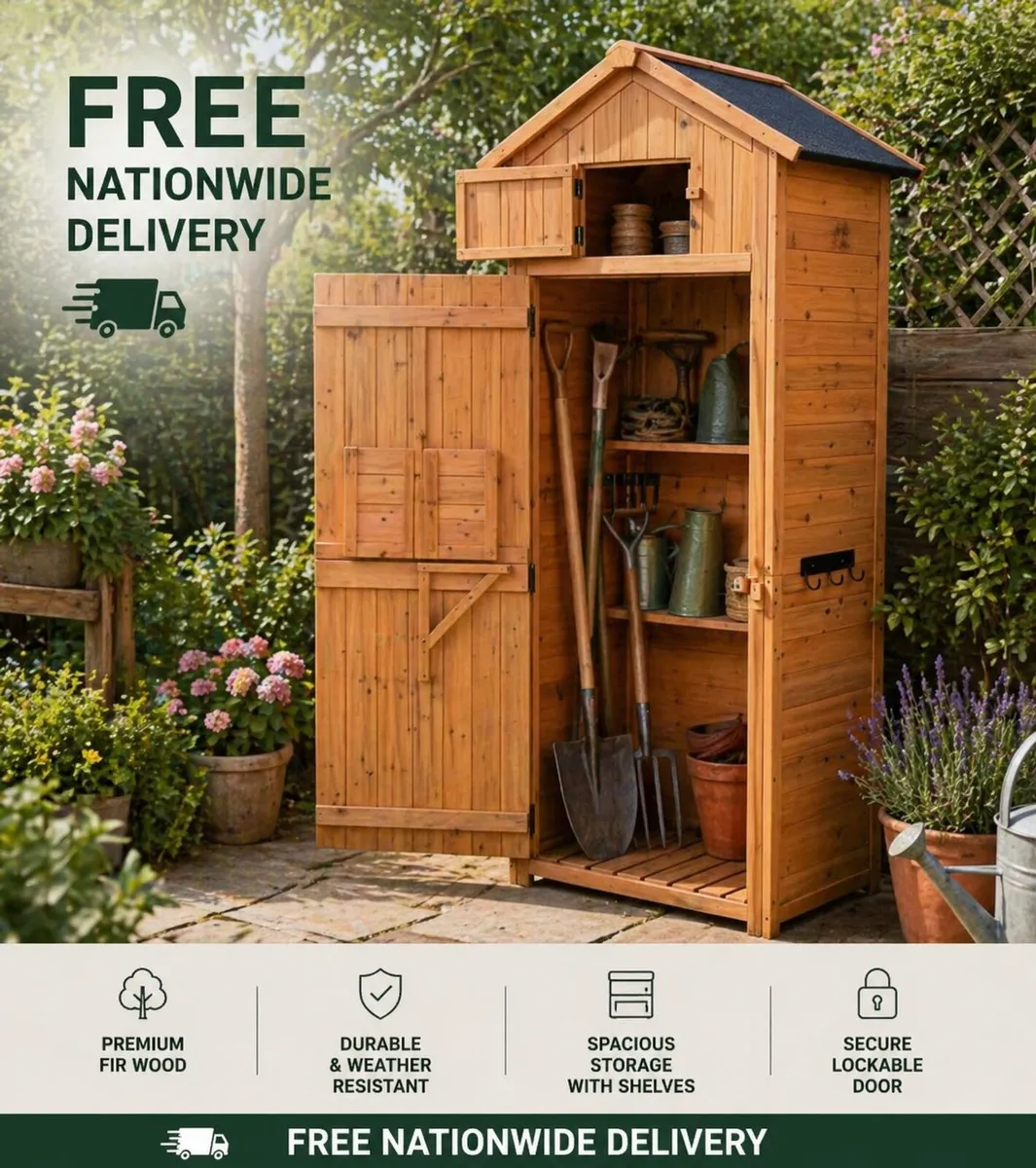 Wooden Garden Storage Shed – Tall Outdoor Tool Cab - Image 1