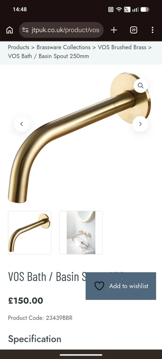 JustTaps JTP vos bath/basin spout brushed brass - Image 1