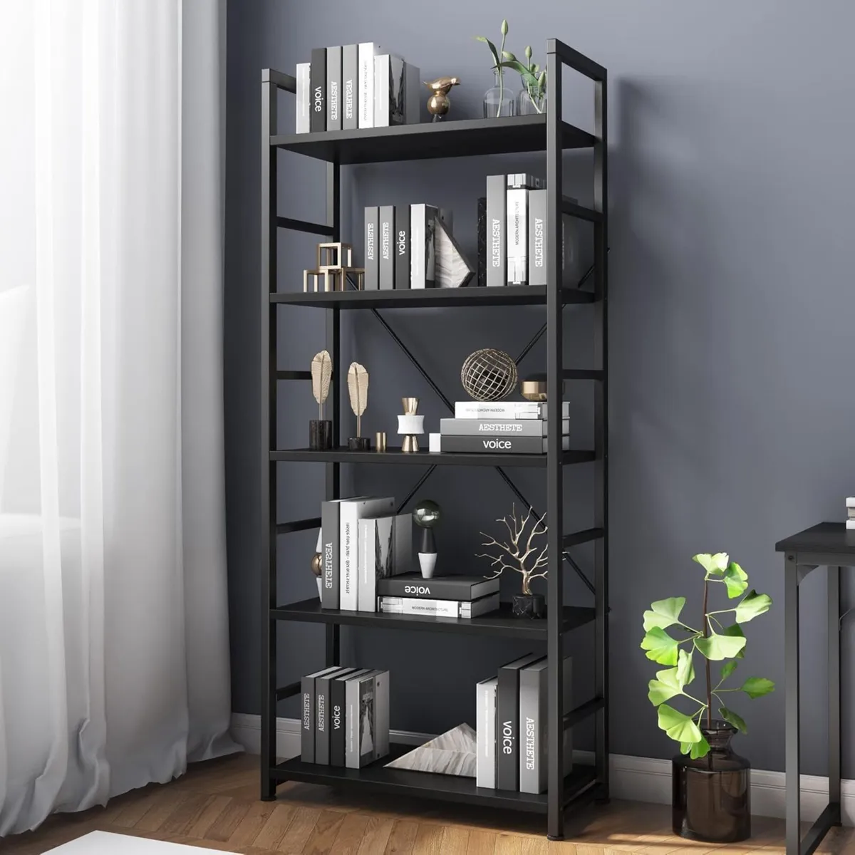 Industrial Bookshelf 5 Tier Wood with Open - Image 1