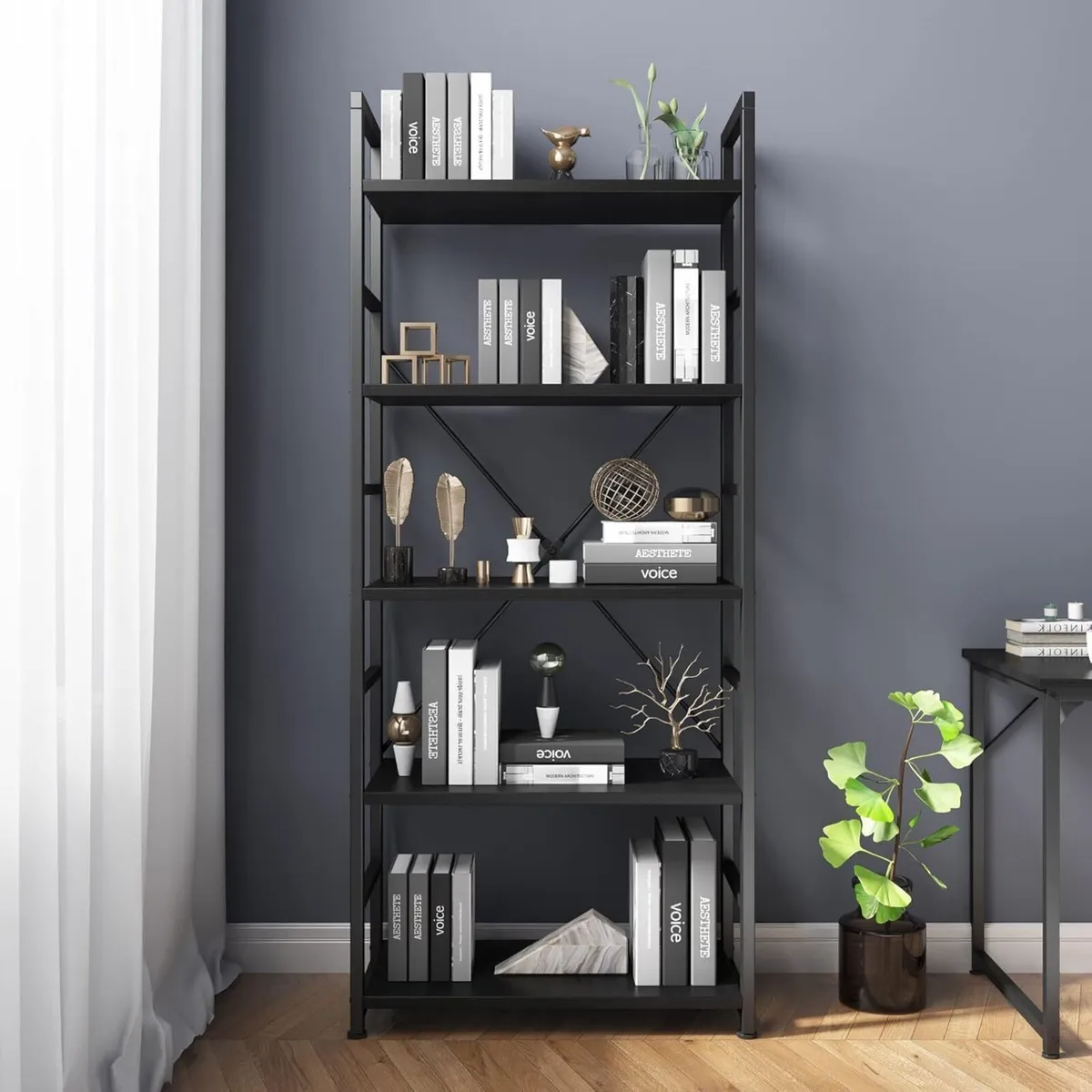 Industrial Bookshelf 5 Tier Wood with Open - Image 3