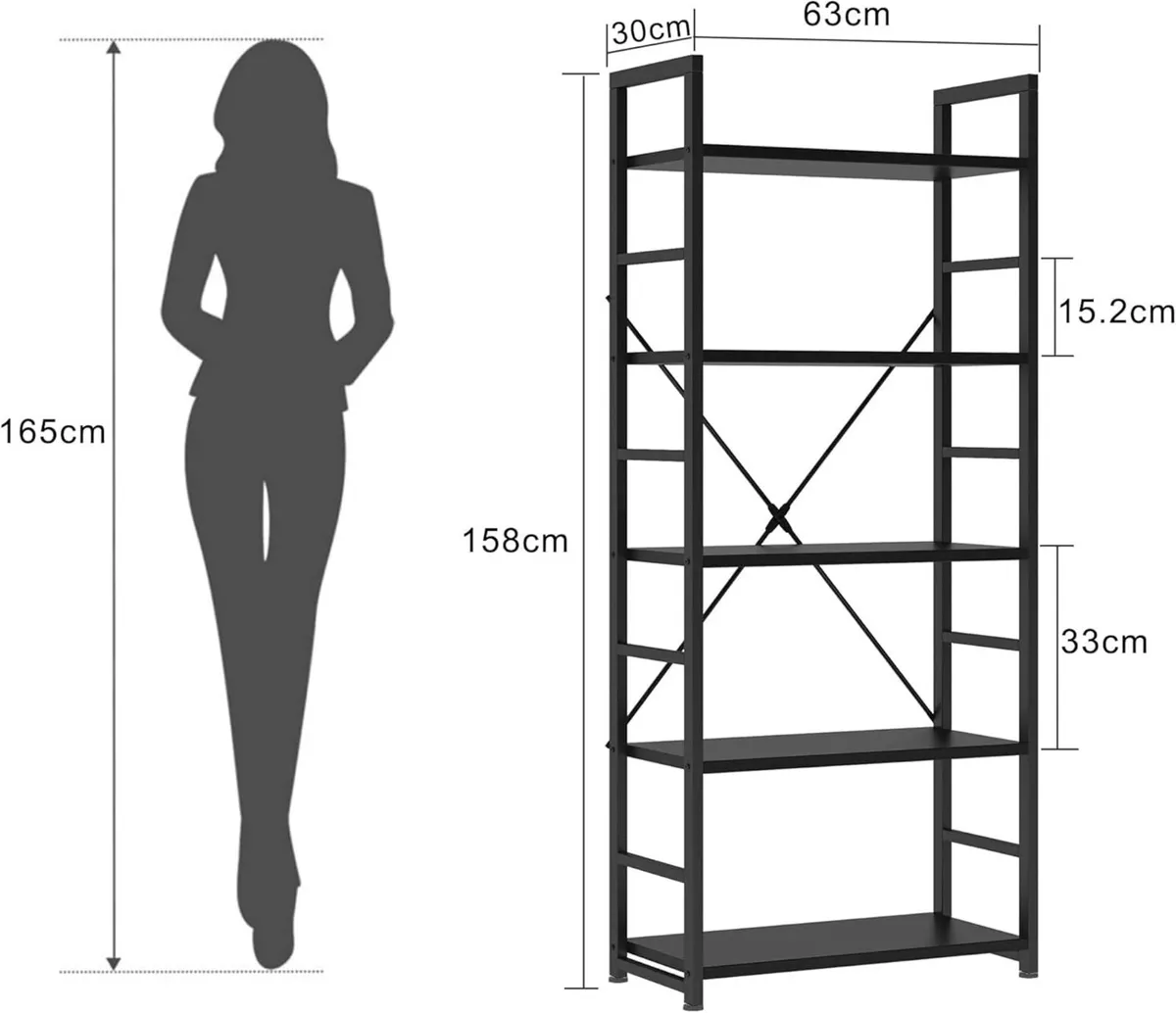 Industrial Bookshelf 5 Tier Wood with Open - Image 2