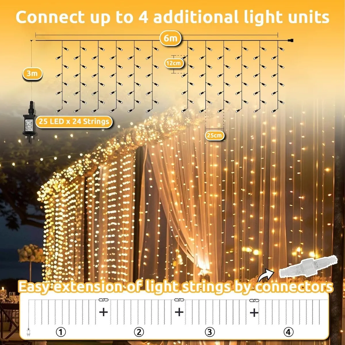 2 Pack 6M x 3M Curtain Lights Plug in 600 LED - Image 4