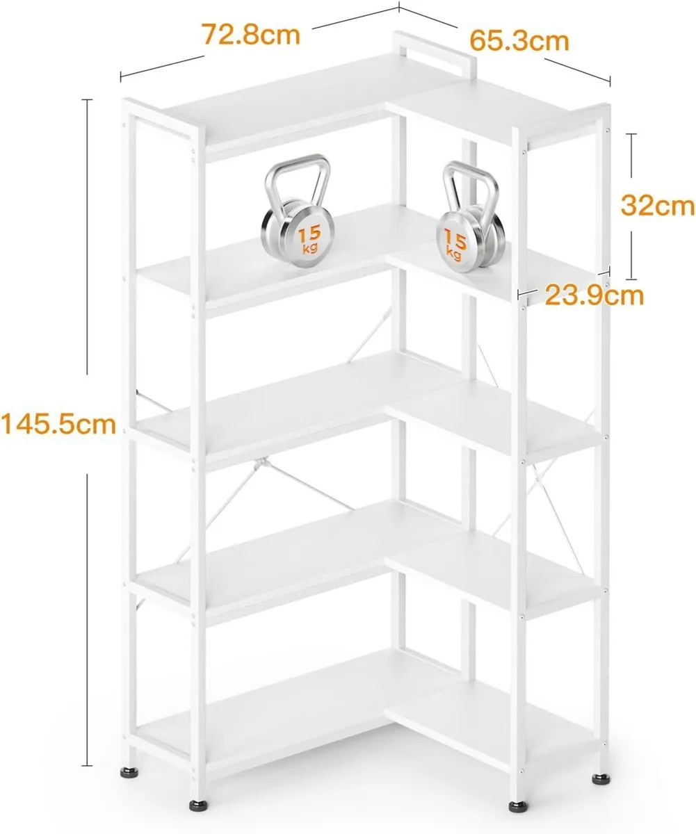 5-Tier Corner Bookshelf 5-Shelf L Shaped Bookcase - Image 3