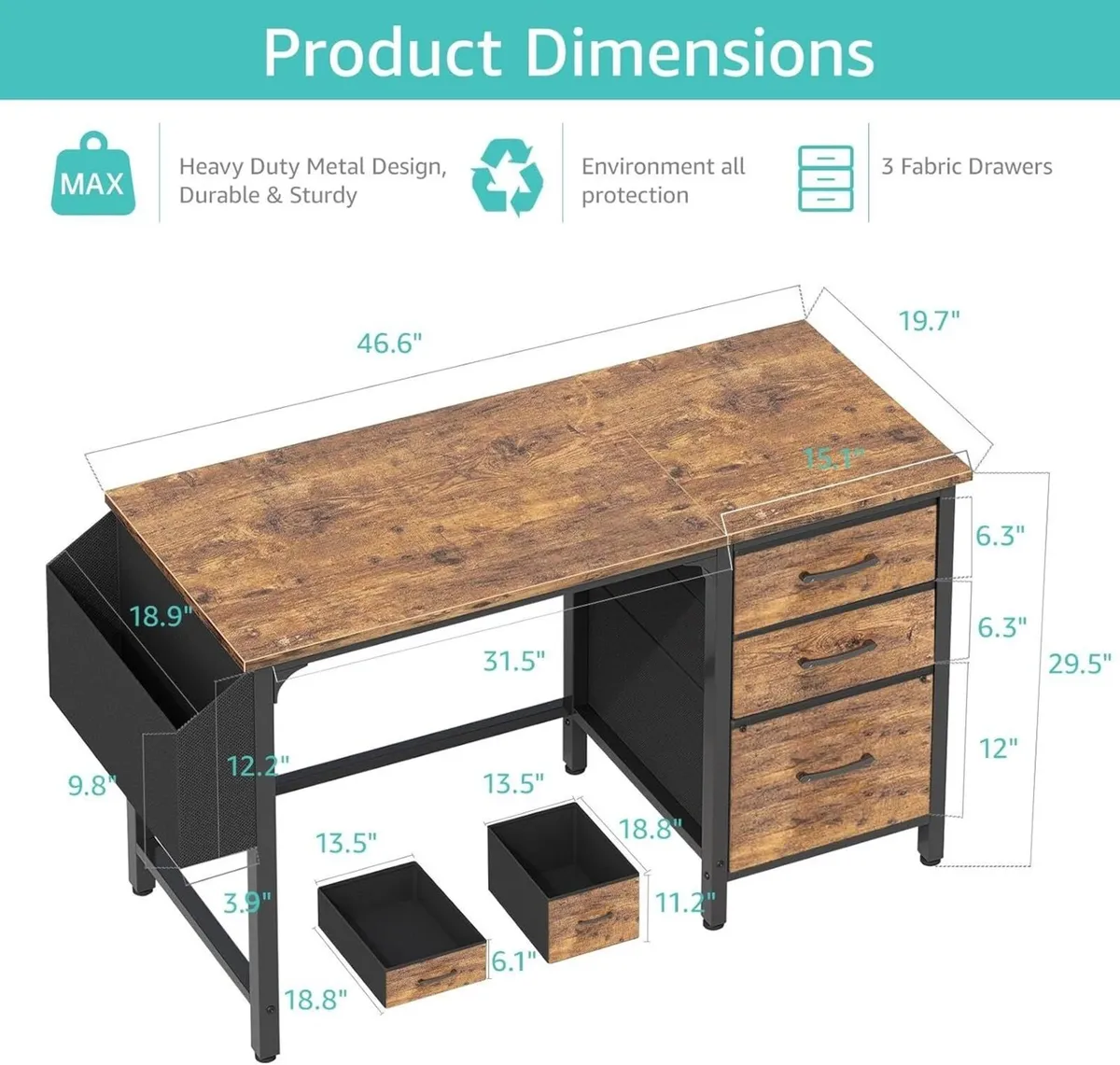 Computer Desk with Fabric File Drawers 120cm - Image 3