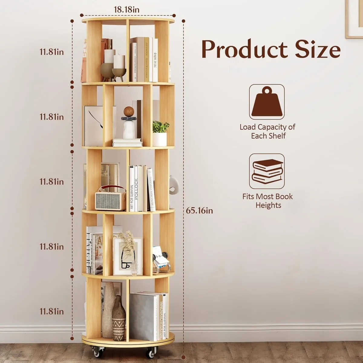 5-Tier Rotating Bookshelf Bookcase (Wooden) - Image 2