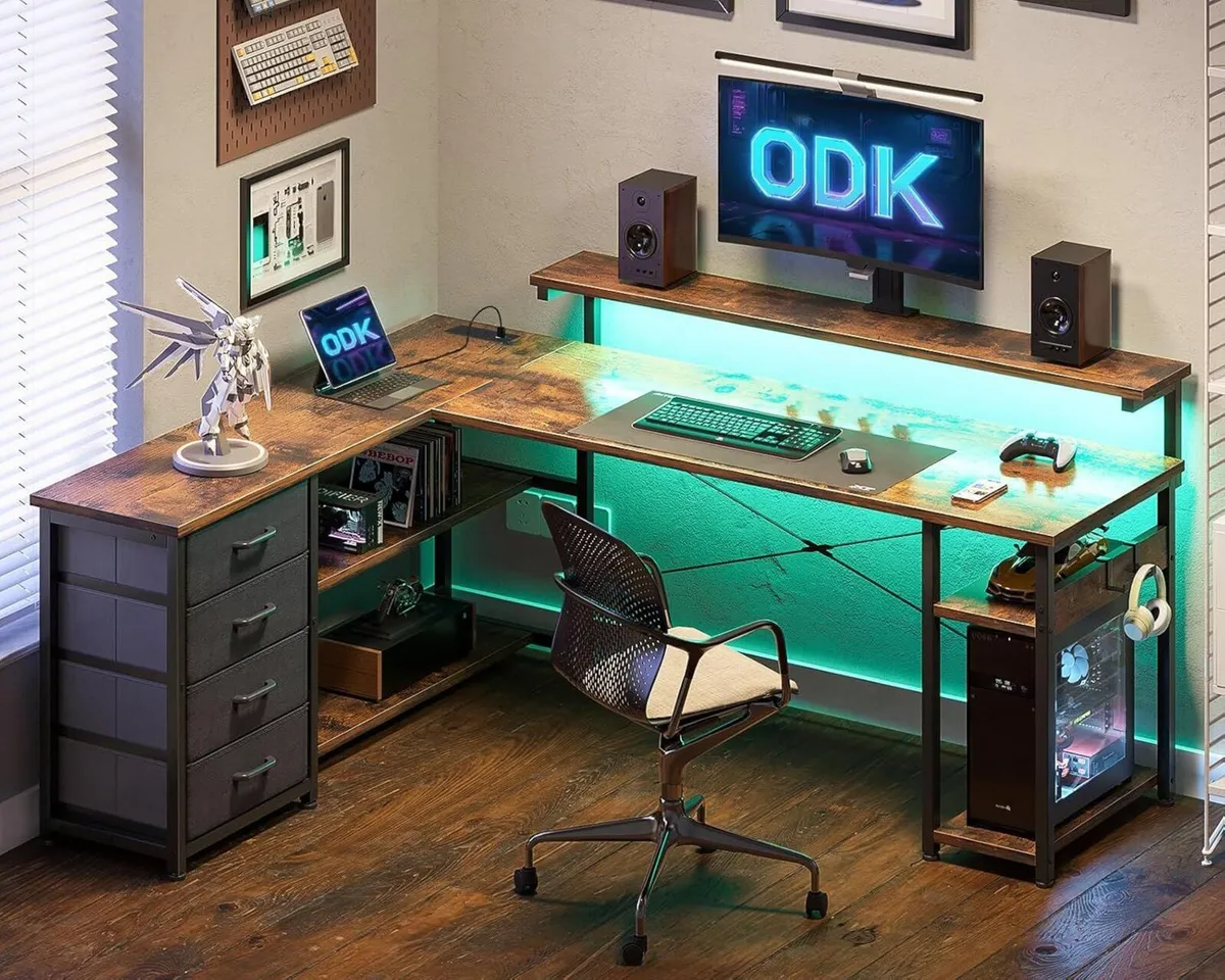 Corner Desk with Drawers L Shaped Gaming LED - Image 2