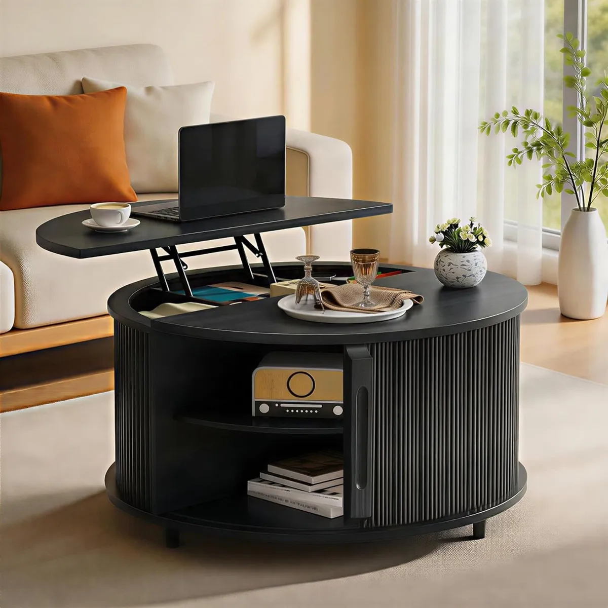 Lift Top Coffee Table 80cm Fluted Wood Center - Image 1