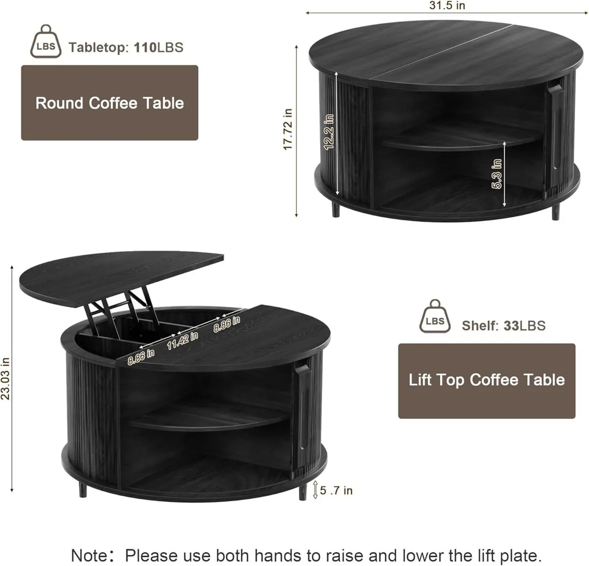 Lift Top Coffee Table 80cm Fluted Wood Center - Image 2