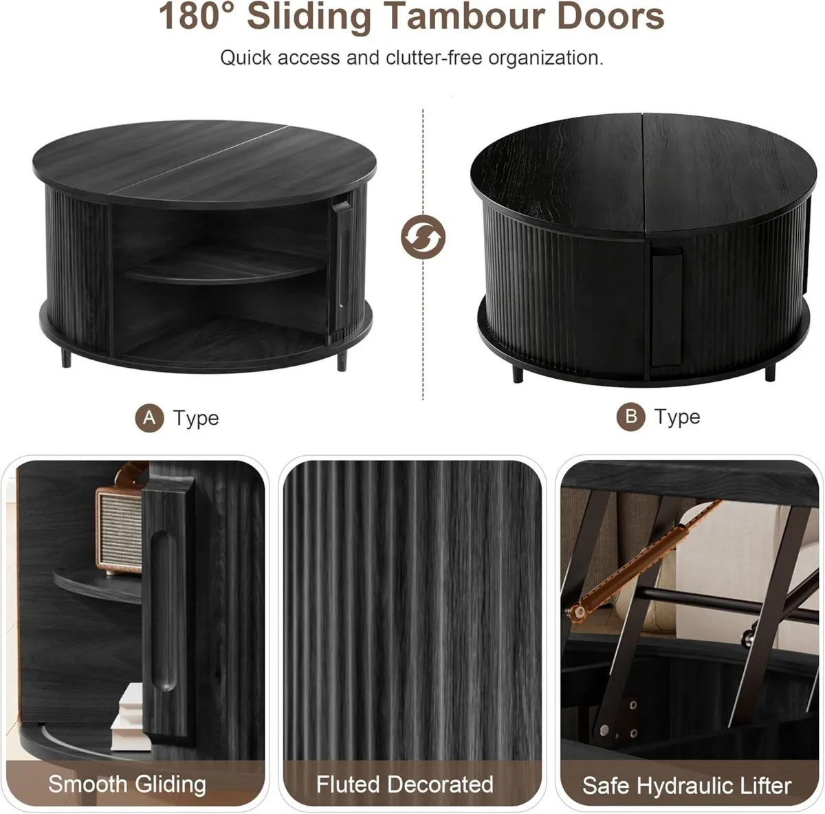 Lift Top Coffee Table 80cm Fluted Wood Center - Image 3