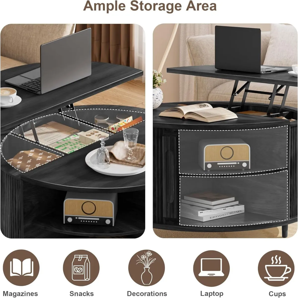 Lift Top Coffee Table 80cm Fluted Wood Center - Image 4