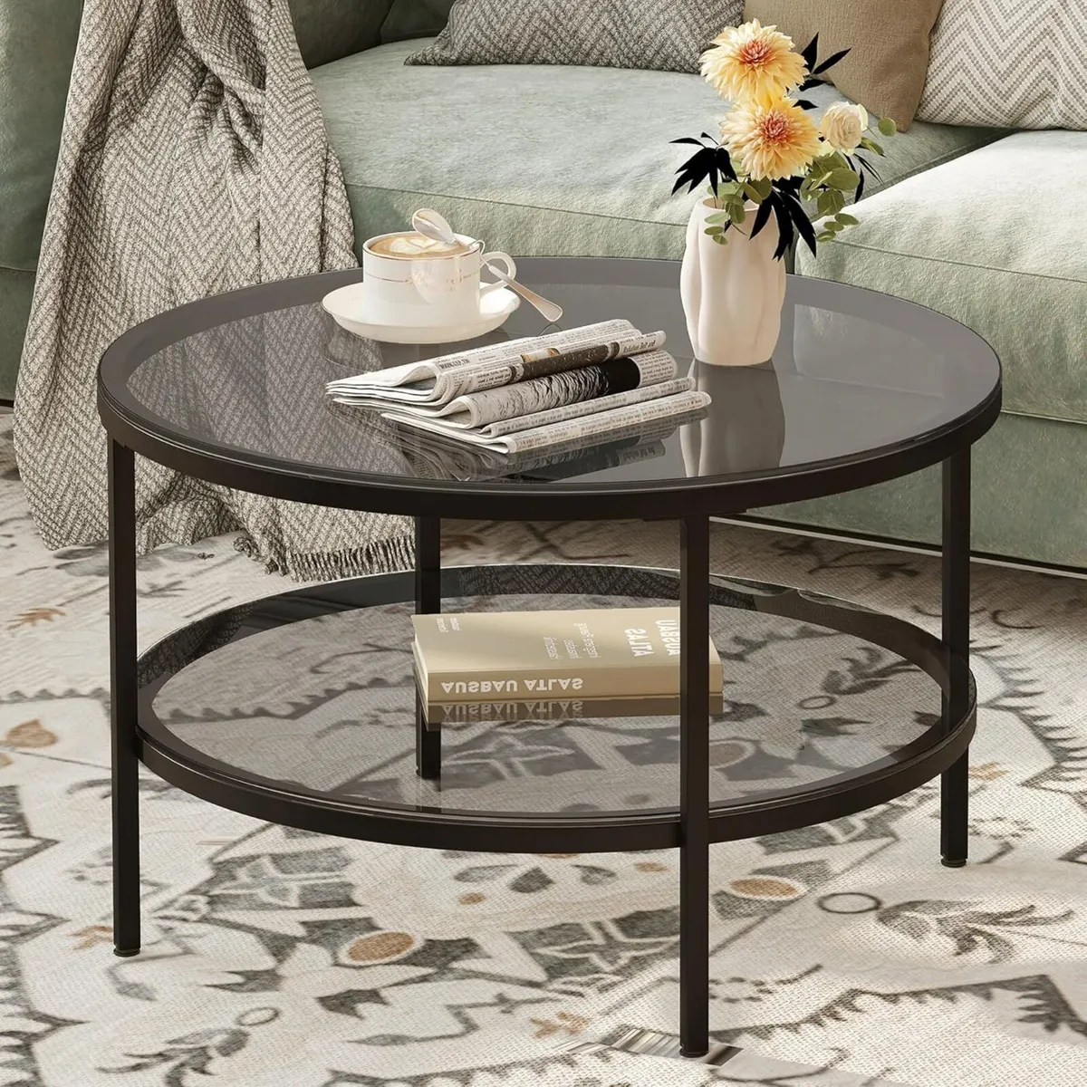 Round Glass Coffee Tables for Living Room 2-Tier - Image 1