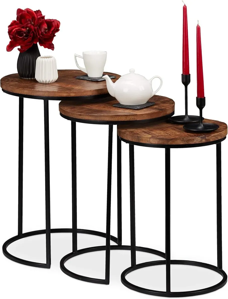 Nesting Tables Set of 3 Round Mango Wood Side - Image 1