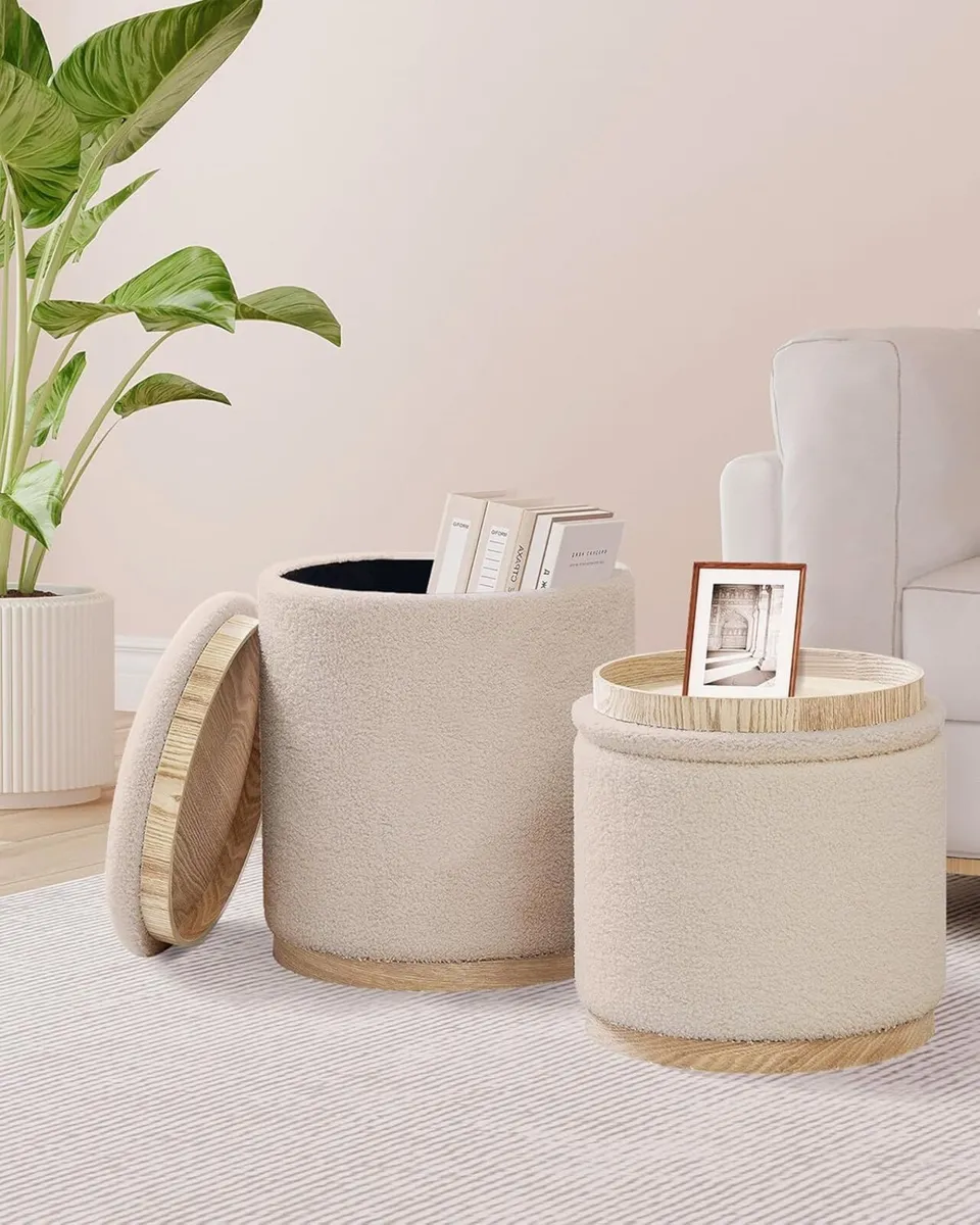 Round Beige Ottoman with Storage Set of 2 Makeup - Image 2