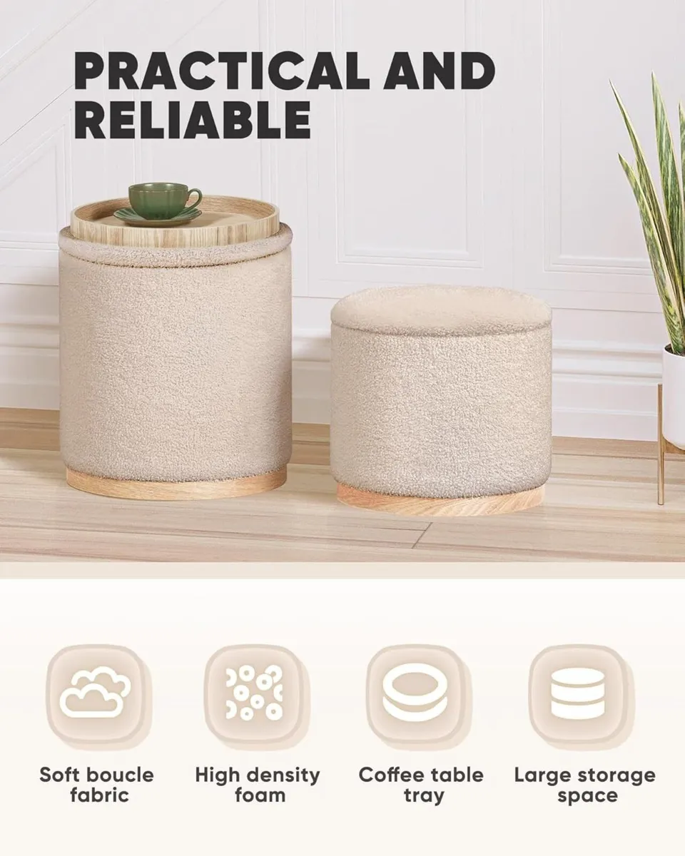 Round Beige Ottoman with Storage Set of 2 Makeup - Image 4