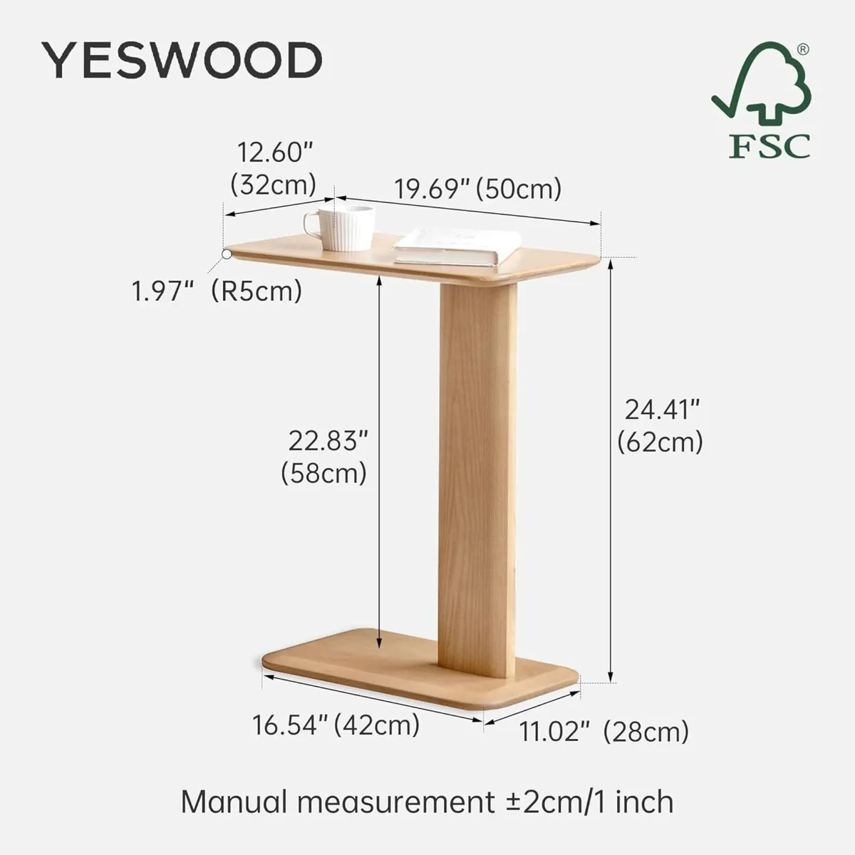 Solid Wood Side Table C-Shaped Bedside Narrow End - Image 2