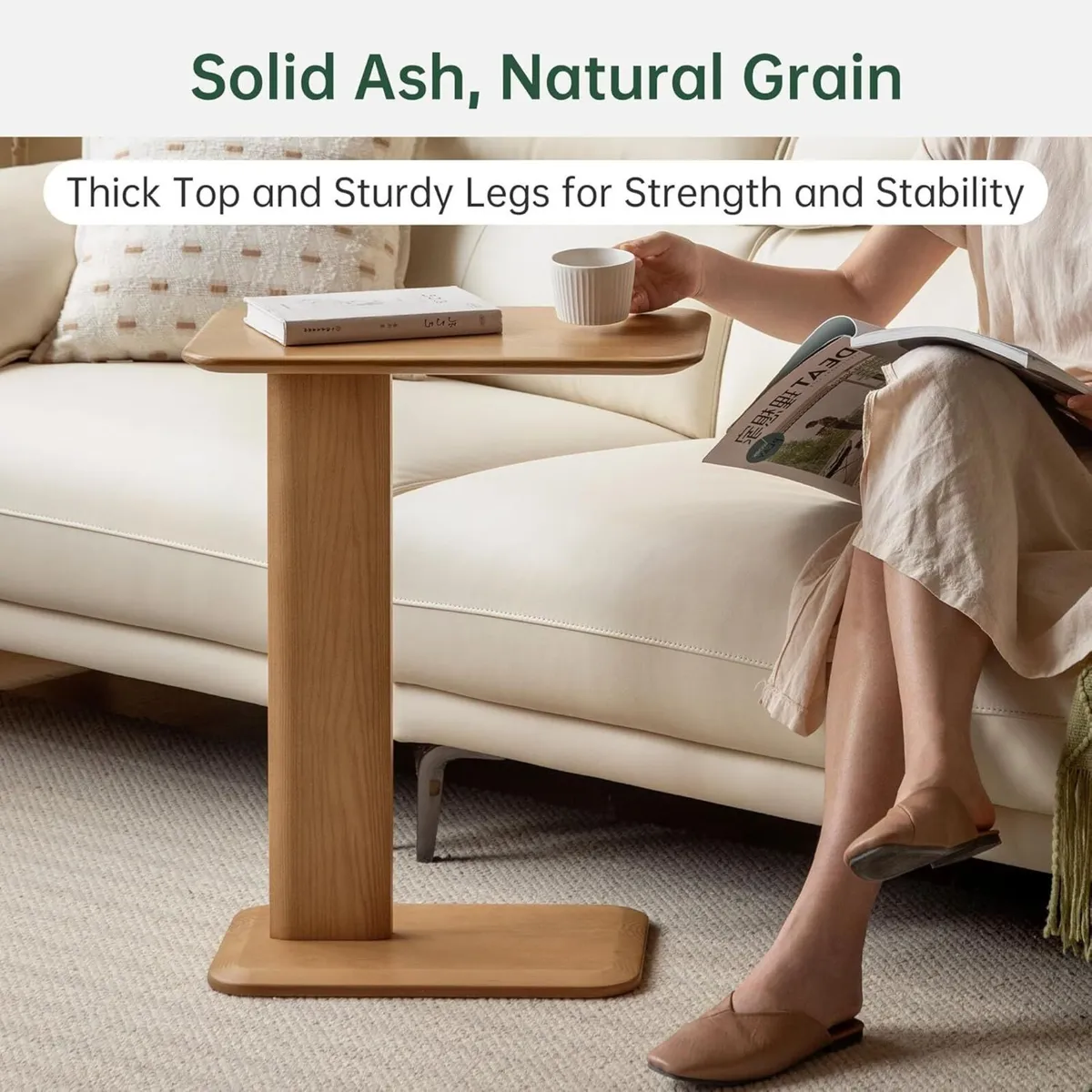 Solid Wood Side Table C-Shaped Bedside Narrow End - Image 4