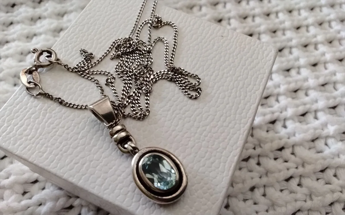 Vintage stg silver AQUAMARINE OVAL PENDANT 20" - Image 3