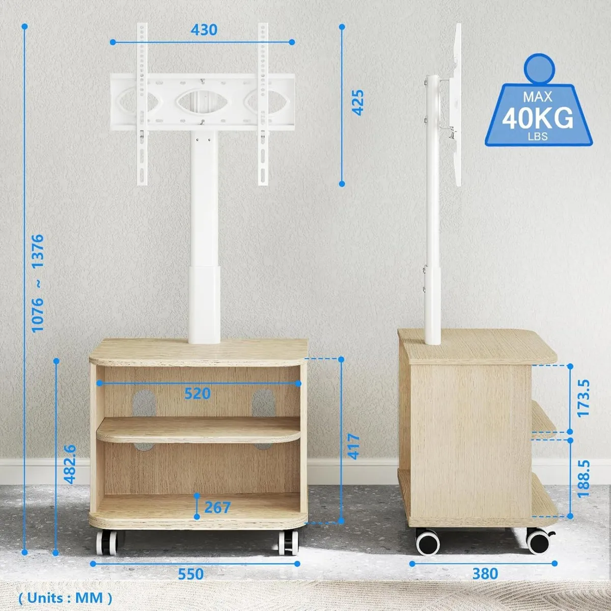 White TV Stand on Wheels for 32-65 inch LED LCD - Image 3