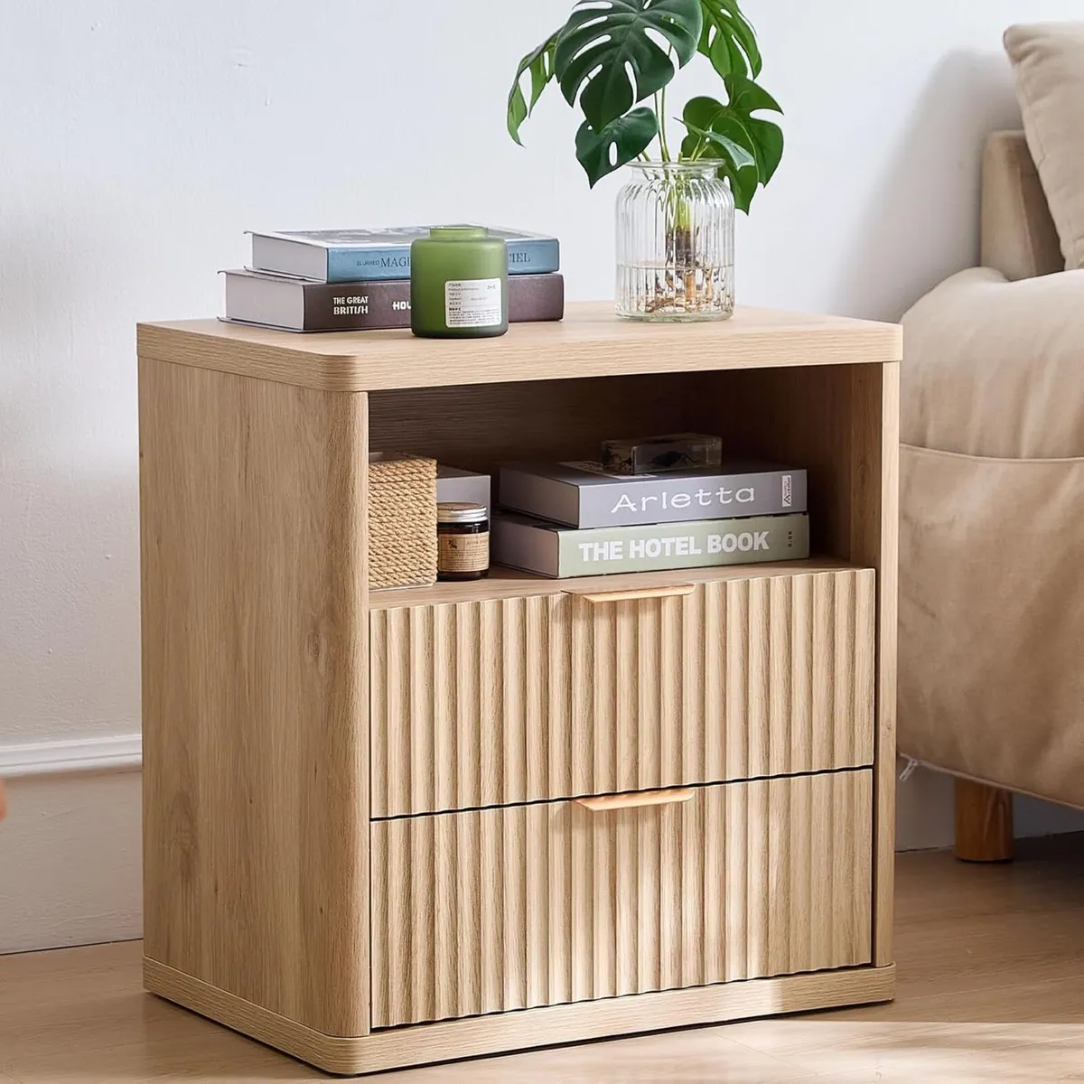 23 Fluted Nightstand Wide 2 Drawers End Table - Image 1