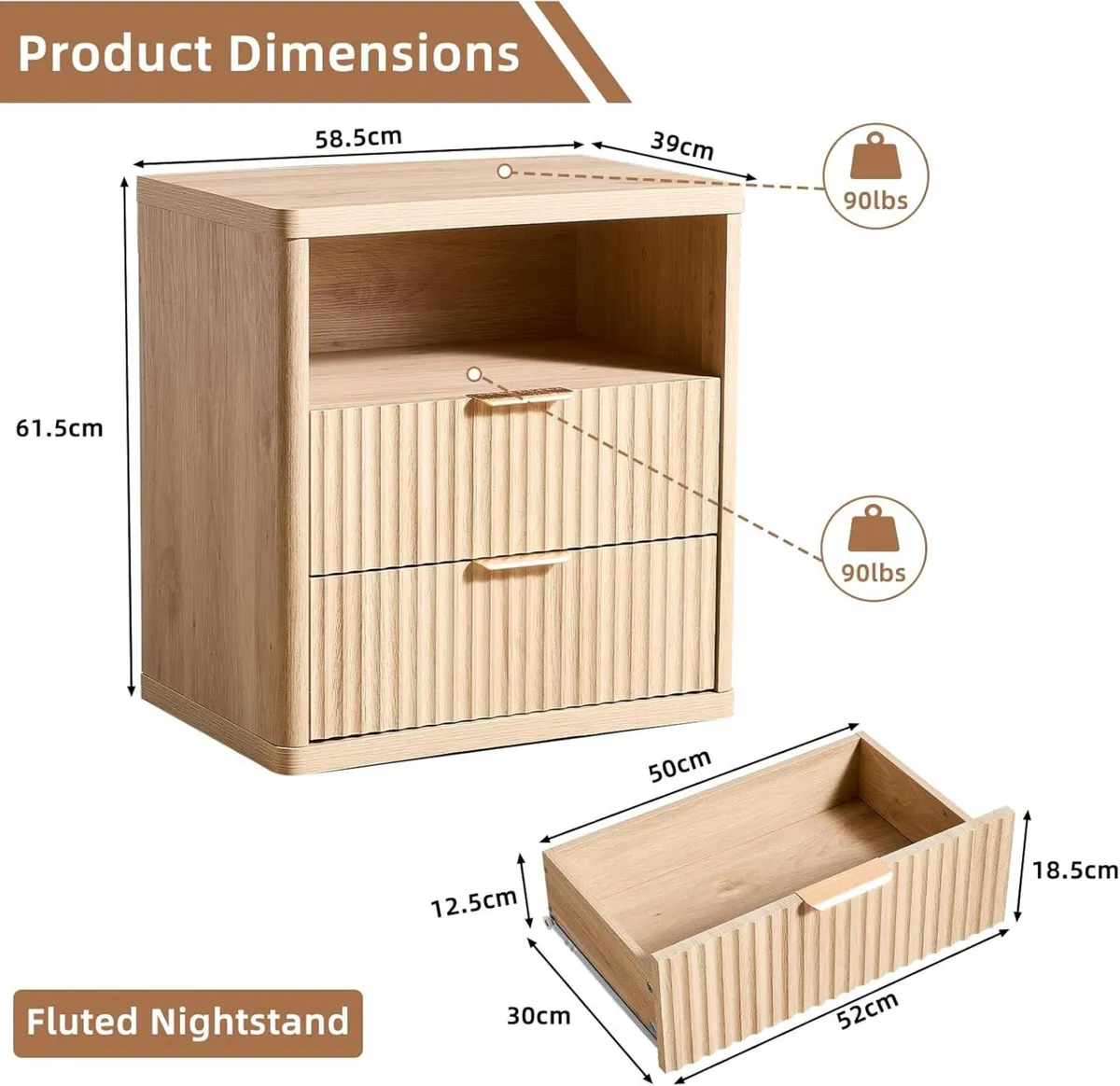 23 Fluted Nightstand Wide 2 Drawers End Table - Image 2